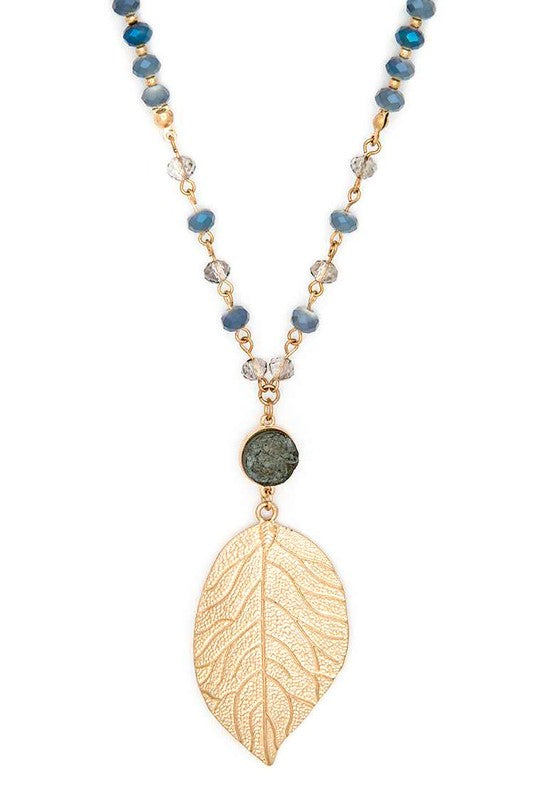 Textured Leaf Pendant Long Crystal Necklace - Tigbul's Variety Fashion Shop