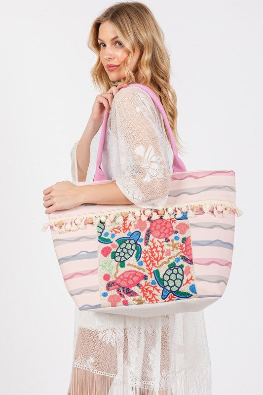 Turtle and Tassel Beaded Tote/Beach Bag - Tigbul's Variety Fashion Shop