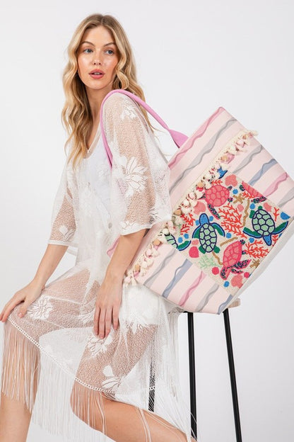 Turtle and Tassel Beaded Tote/Beach Bag - Tigbul's Variety Fashion Shop