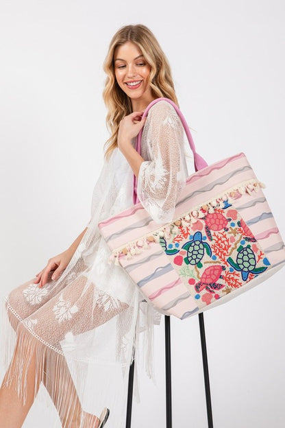 Turtle and Tassel Beaded Tote/Beach Bag - Tigbul's Variety Fashion Shop