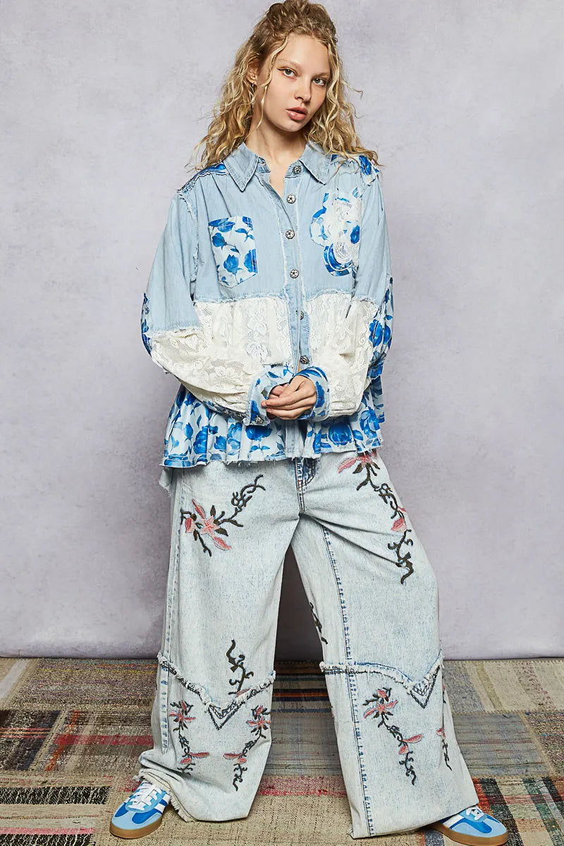 POL Floral Patchwork Denim Shirt with Lace Trim Details - Tigbul's Variety Fashion Shop