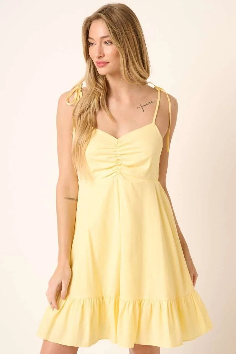 Yellow Ruched Detail Spaghetti Tie Mini Dress - Tigbul's Variety Fashion Shop