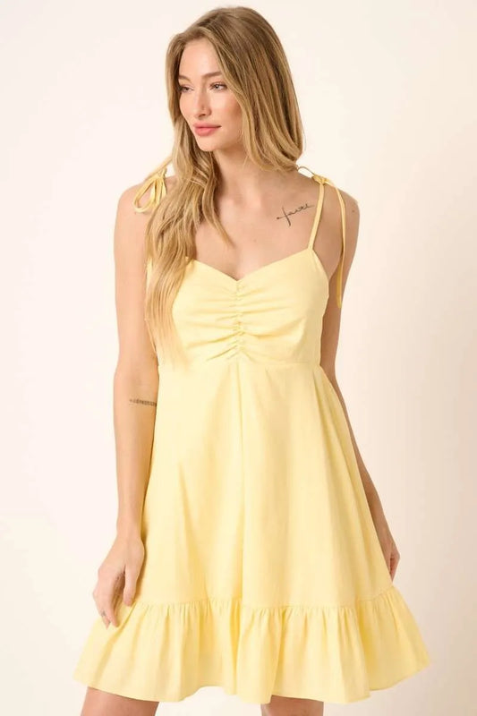 Yellow Ruched Detail Spaghetti Tie Mini Dress - Tigbul's Variety Fashion Shop