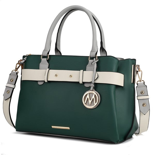 Jamie satchel in dark green with white front strap, M-logo charm, crossbody strap