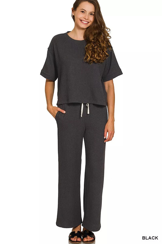Zenana Raised Rib Short Sleeve Tee & Pants Set - Tigbul's Variety Fashion Shop