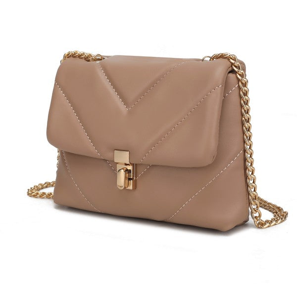 Taupe Ellie crossbody bag with quilted chevron panels and gold chain turn-lock