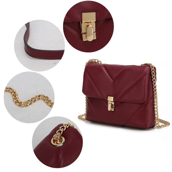 Wine Ellie crossbody closeups: gold chain, turn-lock clasp, and strap