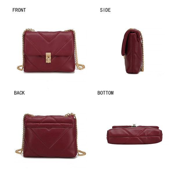 Wine Ellie crossbody bag showing front, back, side, and bottom; gold chain and clasp