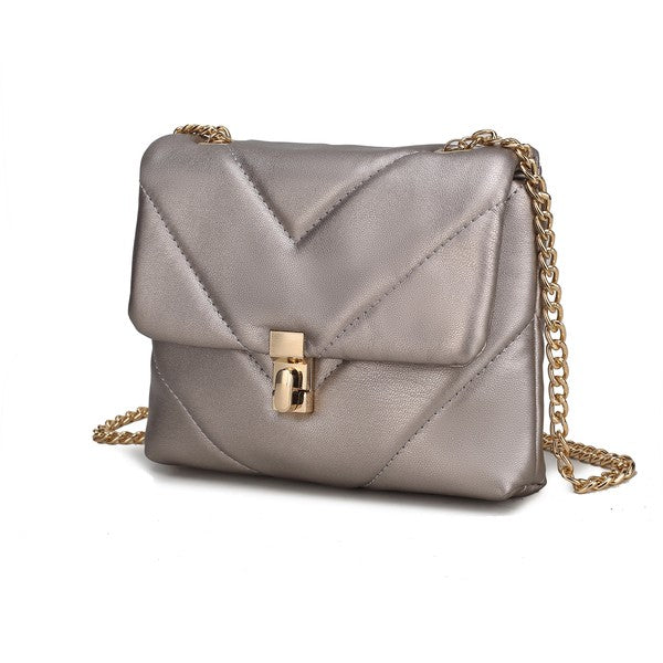 Pewter Ellie crossbody bag with quilted chevron pattern and gold chain clasp