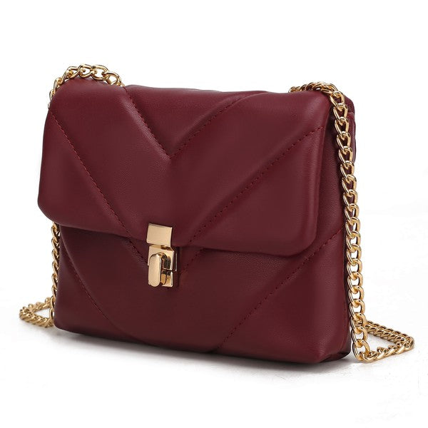 Wine Ellie crossbody bag with quilted chevron stitching and gold chain clasp