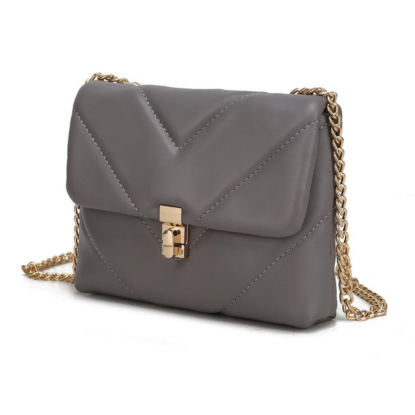 Grey Ellie crossbody bag with chevron stitching and gold chain turn-lock clasp