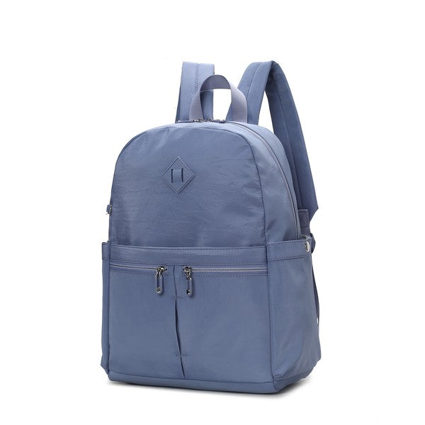 Light blue Tatum backpack with front zip pocket and top carry handle
