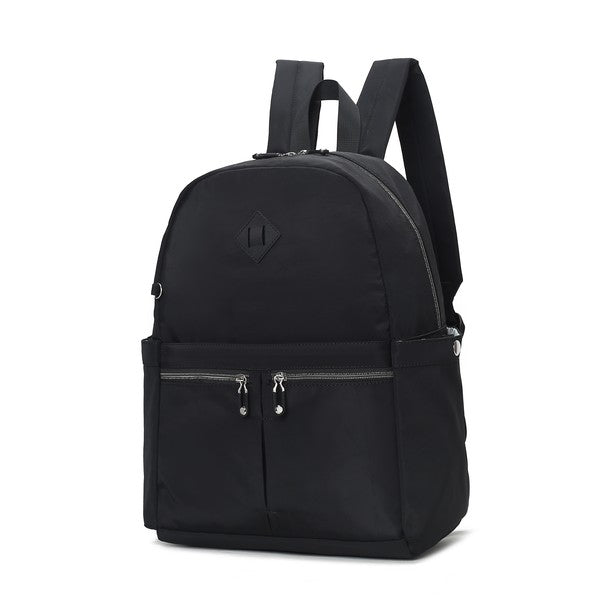 Black Tatum backpack with centered logo badge and two front zipper pulls