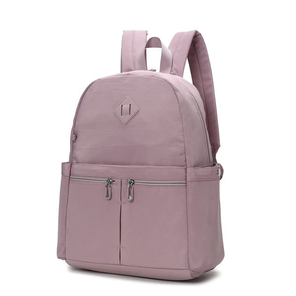 Mauve Tatum backpack with two front zipper pulls and top carry handle