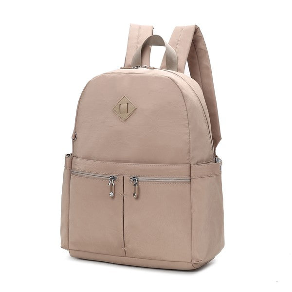 Beige/khaki Tatum backpack with two front zippers and top carry handle