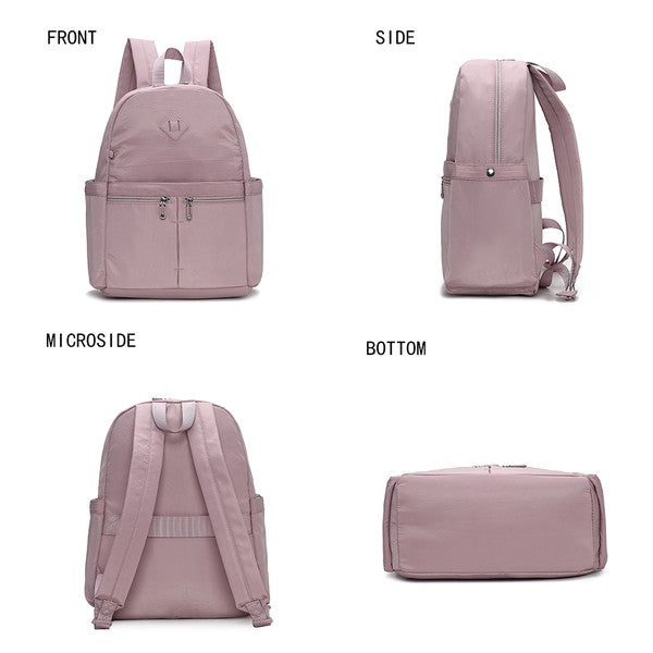 Mauve Tatum backpack angle views—front, side, micro-side, and bottom
