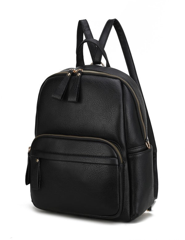 Black convertible backpack with zip front pocket, top handle straps, and two sections