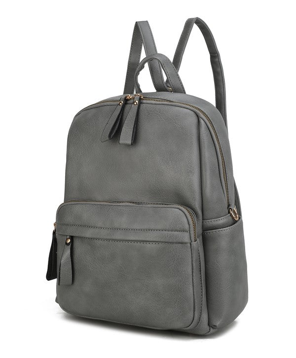 Grey convertible backpack with front zip pocket, top handle strap, and dual zippers