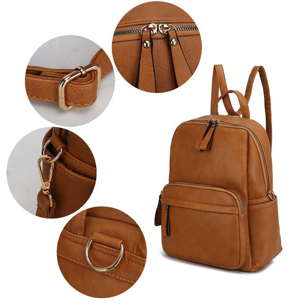 Convertible backpack details: metal rings, front zip pocket, and top carry handle