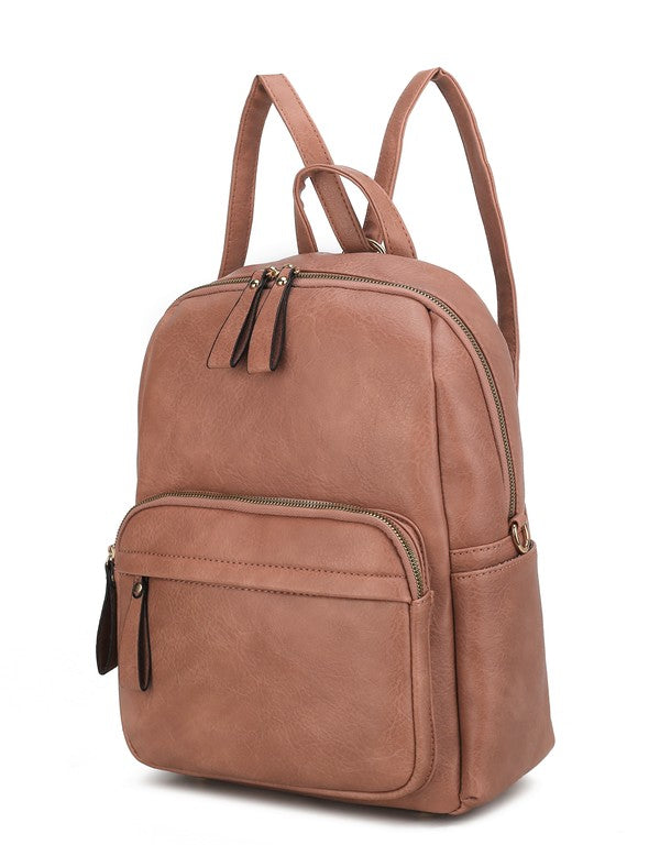 Dusty Pink convertible backpack with front zip pocket and top handle straps