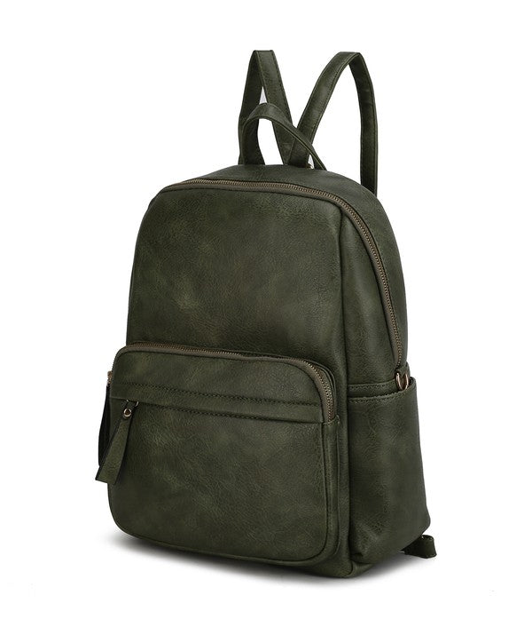Olive convertible backpack with front zip pocket and adjustable shoulder straps