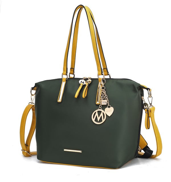 Olive green Layla tote backpack with yellow handles and gold-tone M charm