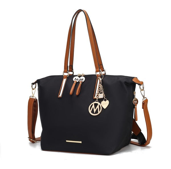 Black Layla tote backpack with cognac handles and gold-tone M charm