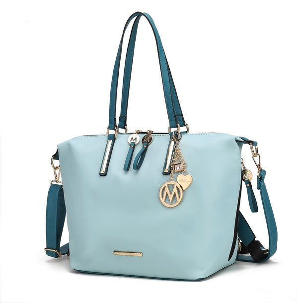 Light blue Layla solid tote backpack with front M medallion and zipper tab