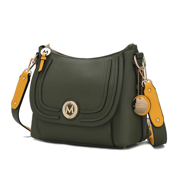 Maggie crossbody bag, olive green with gold logo emblem and mustard strap accents