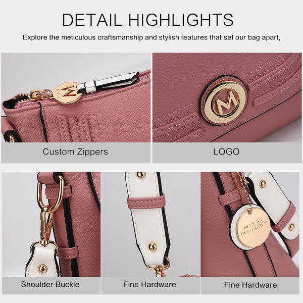 Blush pink Maggie crossbody bag details: logo medallion, zippers, gold hardware