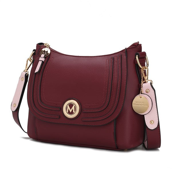 Maggie crossbody bag, deep wine red with round gold logo and burgundy strap