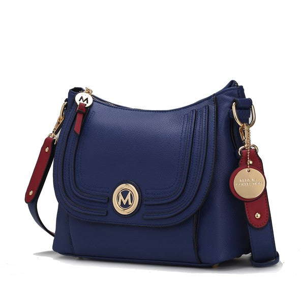 Maggie crossbody bag, navy blue pebbled leather-look with gold logo clasp