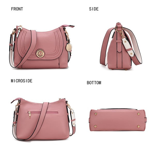 Blush pink Maggie crossbody bag with logo medallion and multiple angle views
