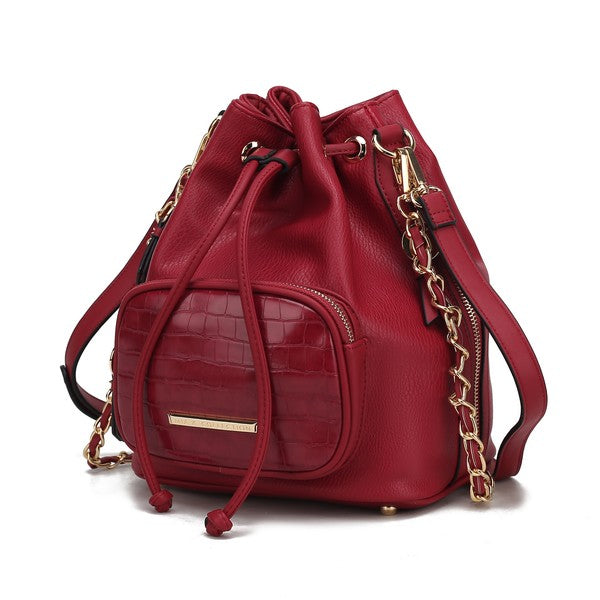 MKF Azalea Bucket Bag in Rot mit Kettenriemen, Kordelzug und Croco-Optik Frontfach