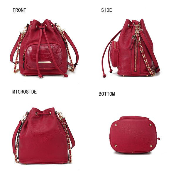MKF Azalea bucket bag, red faux-leather with drawstring, chain strap and zip pocket