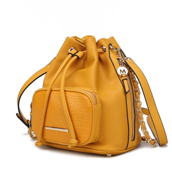 MKF Azalea Bucket Bag in Senfgelb mit Kettenriemen, Kordelzug und Fronttasche im Croco-Optik