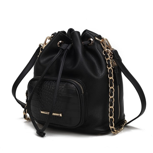 MKF Azalea Bucket Bag in Schwarz mit Kettenriemen, Kordelzug und vorderer Taschenklappe
