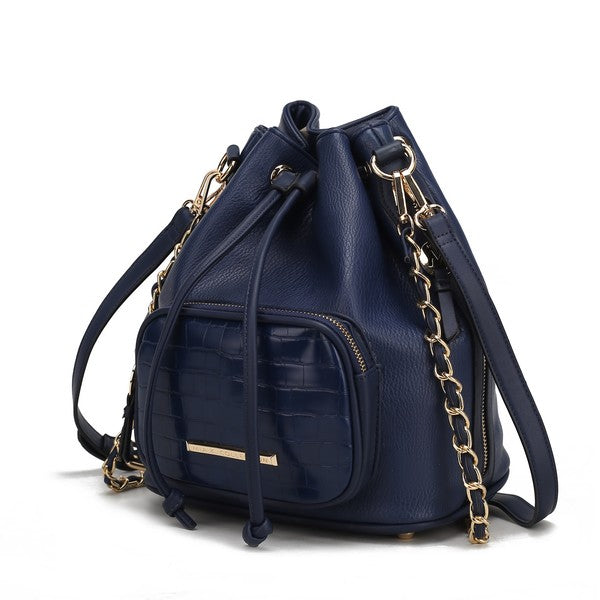 MKF Azalea Bucket Bag in Navyblau mit Kettenriemen, Kordelzug und vorderem Croco-Optik Einsatz