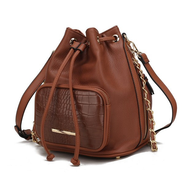 MKF Azalea Bucket Bag in Braun mit Kettenriemen, Kordelzug und Croco-Optik Einsatz vorne