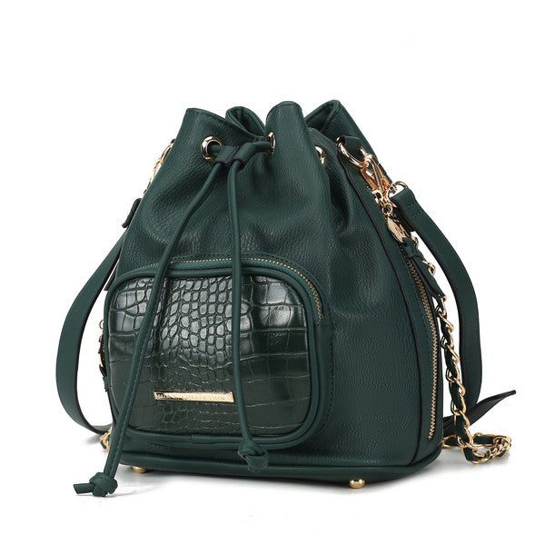 MKF Azalea Bucket Bag in Olivgrün mit Kettenriemen, Kordelzug und Fronttasche im Croco-Look