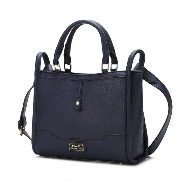 MKF Melody vegan leather tote in navy with top handles, front pocket, and crossbody strap