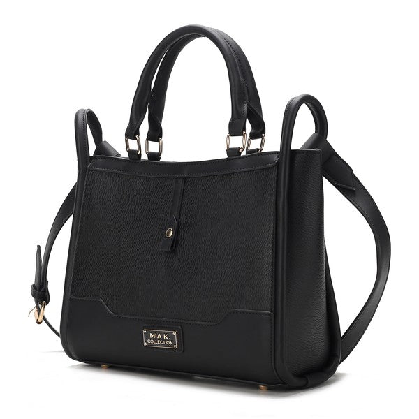 MKF Melody vegan leather tote in black with top handles, front pocket, and shoulder strap