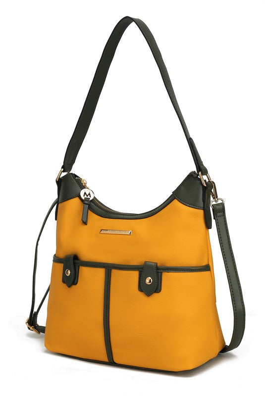 Mustard vegan leather shoulder bag with olive shoulder strap and structured front stripe panel