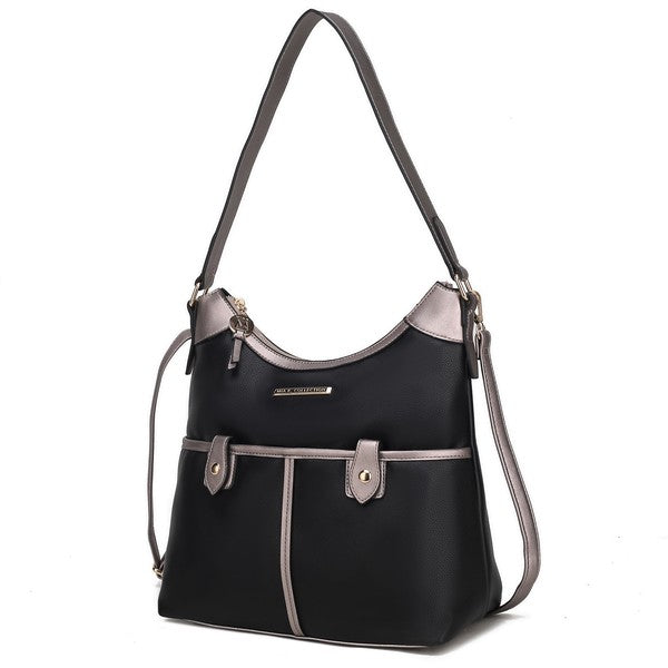 Black shoulder bag with grey-accent curved top, front pockets, and buckle tabs