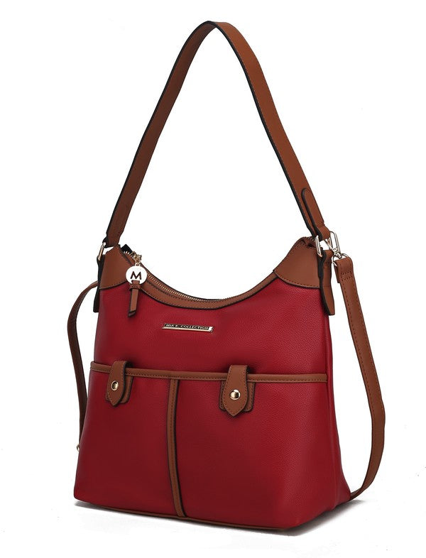 Schultertasche aus veganem Leder, rotbraun mit braunen Trägern und Kordelriegel-Front