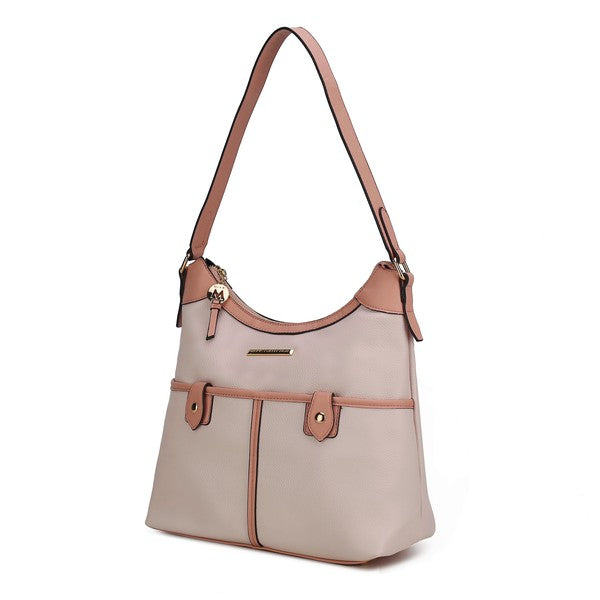 Beige vegan leather shoulder bag, adjustable shoulder strap with brown hardware detail