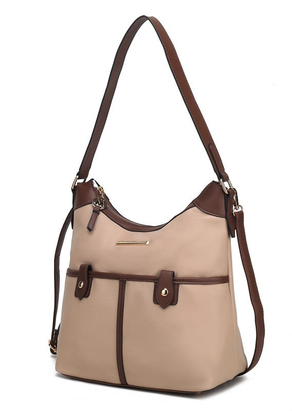 Harper Schultertasche beige mit dunkelbrauner Naht, Frontriemen mit runden Metallknöpfen