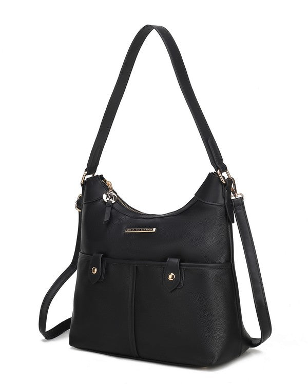 Black shoulder bag with structured panel front, two buckle straps, long handles