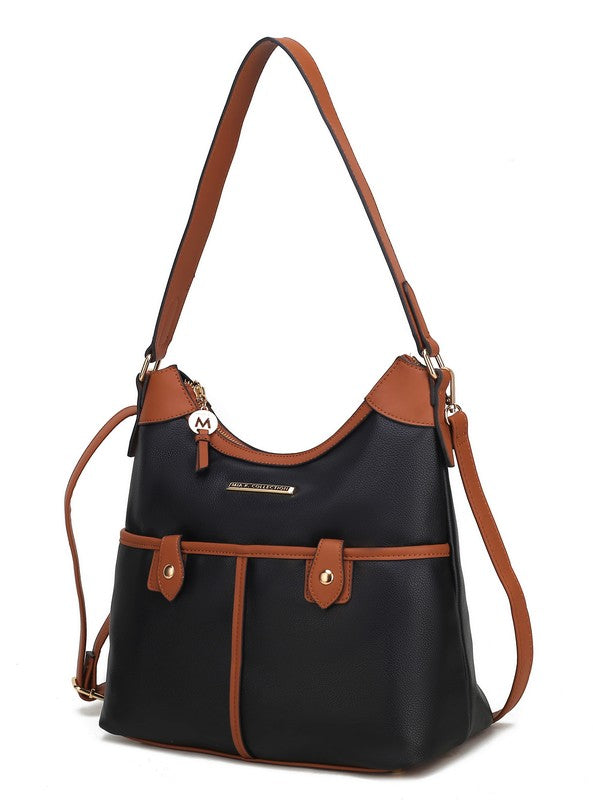 Navy bag with cognac-look handles and front buckle strap details