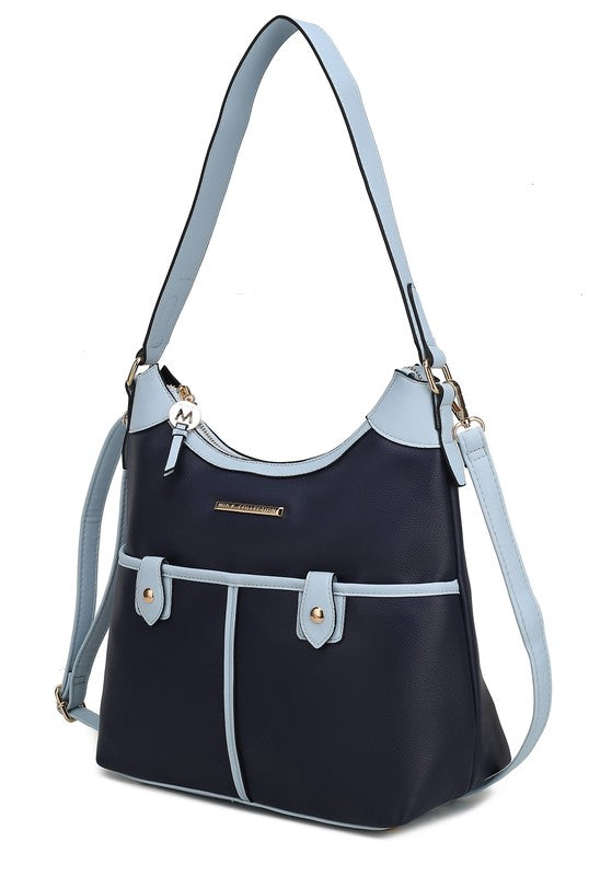 Harper Schultertasche aus veganem Leder, dunkelblau mit hellblauen Trägern und Akzenten